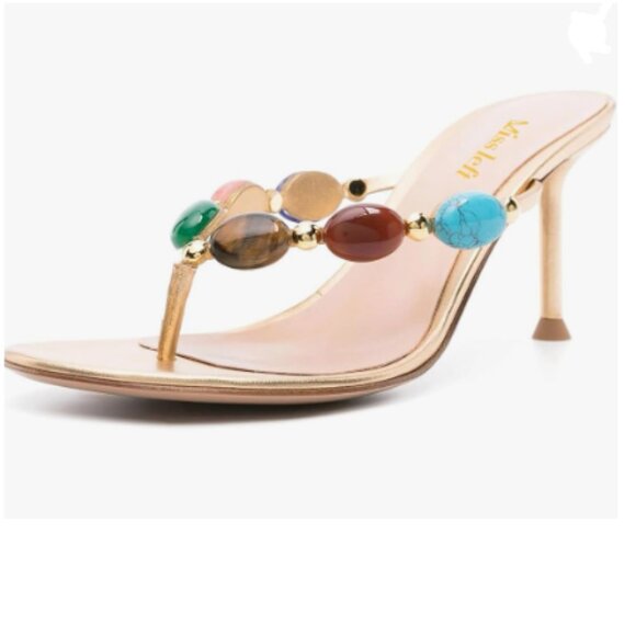 miss left Shoes - Kate-ish Gold Jeweled Thong Sandal - Multicolor Stones